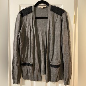 Loft Grey Long Sleeve Cardigan with Pockets and Black Lace Details - Size L